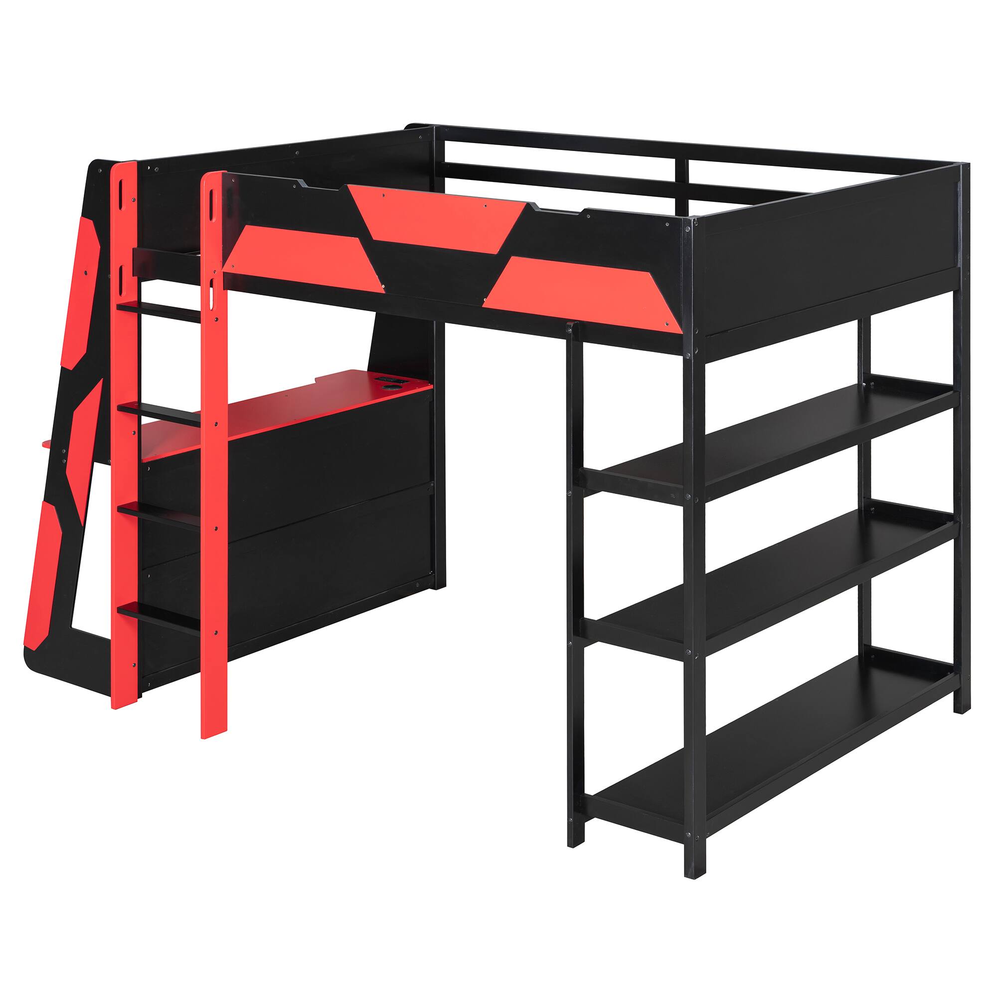 Left. Whisen - Full Size Loft Bed with Gaming Desk, Built-in Shelves, Power Station & LED Lights for Bedroom - Black|Red.