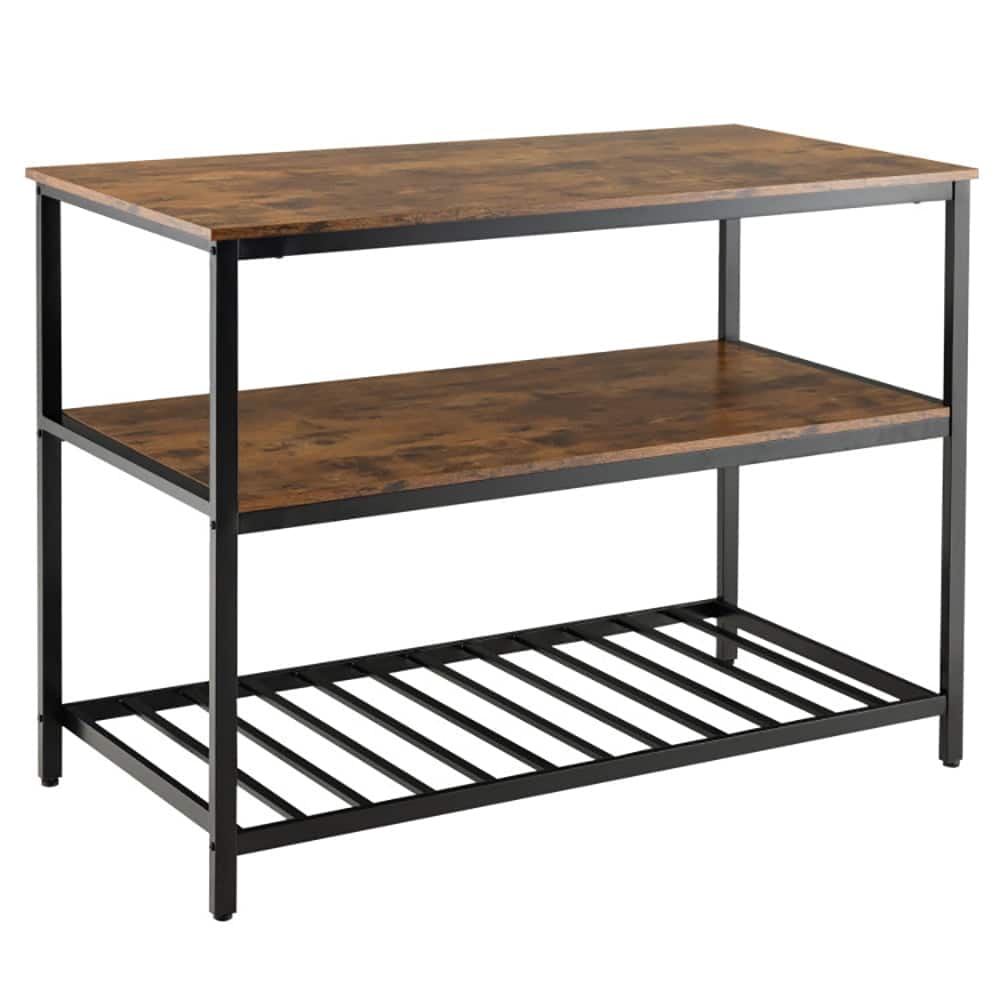Kadyn - 3 Shelves Kitchen Island Industrial Prep Table with Bottom Wine Rack-Rustic Brown, Storage Rack Microwave Oven Stand - Brown