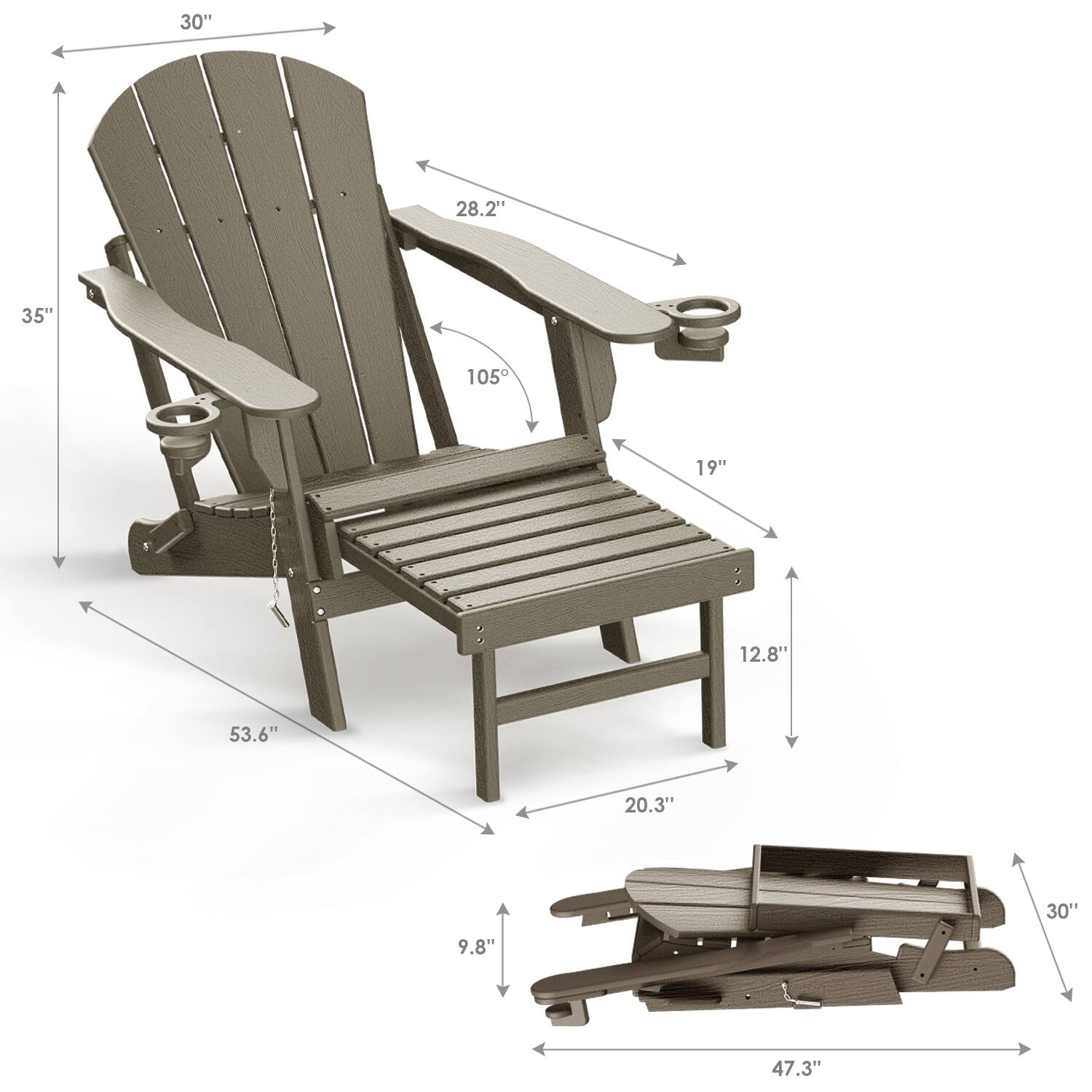 - Width: 30"
- Height: 35"
- Depth: 53.6"
- Armrest Height: 28.2"
- Seat Height: 19"
- Seat Depth: 12.8"
- Backrest Height: 28.2"
- Base Width: 47.3"
- Base Depth: 30"
- Tilt Angle: 105°
- Footrest Height: 9.8"
- Footrest Width: 20.3"