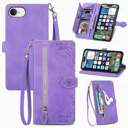 Dteck - for Apple iPhone 17e / 16e Wallet Case,Folio Shockproof PU Leather Card Holder Cover with Zipper Pocket & Wrist Strap - Purple