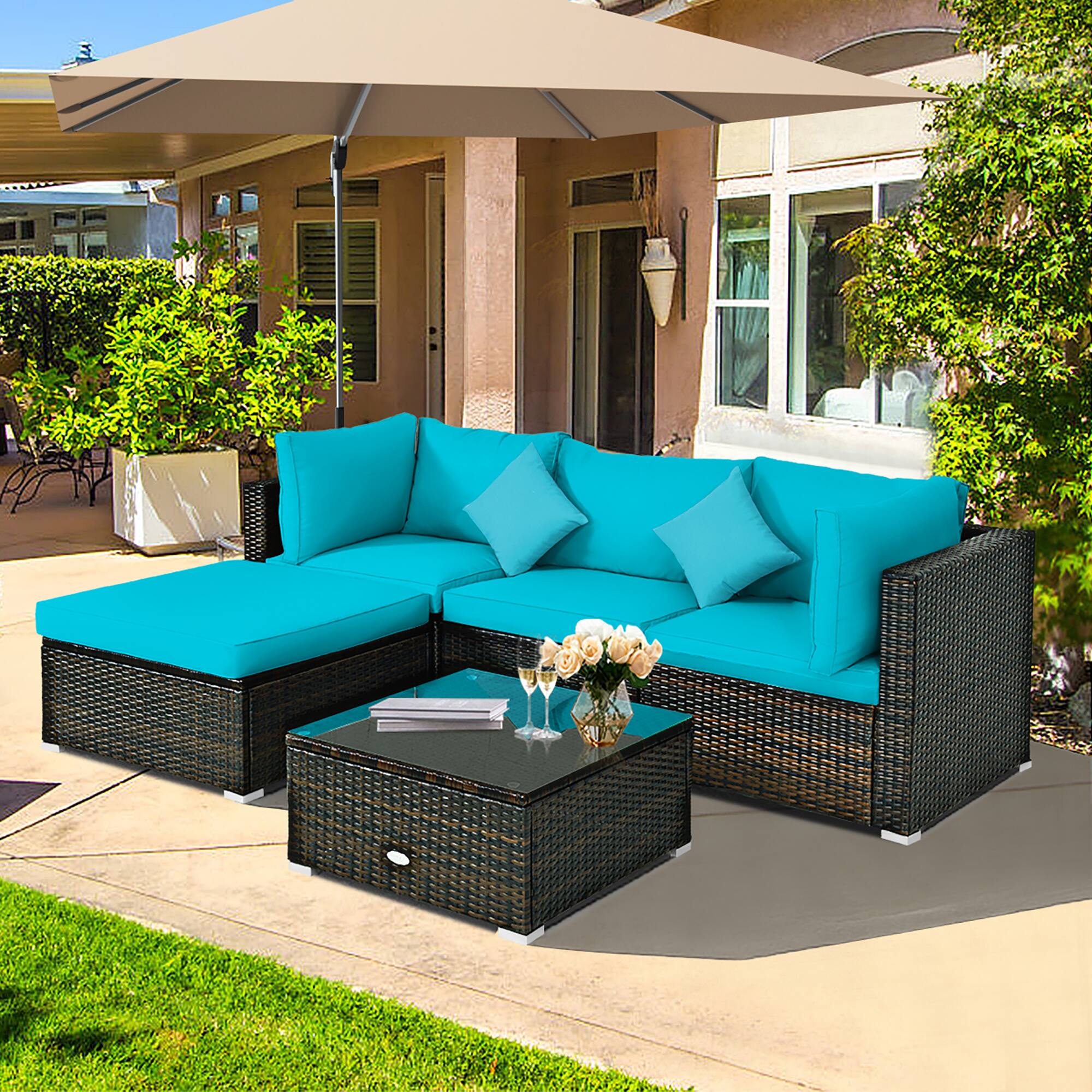 Alt View 3. Costway - Costway 5PCS Outdoor Patio Rattan Furniture Set Sectional Conversation Cushion - Turquoise.