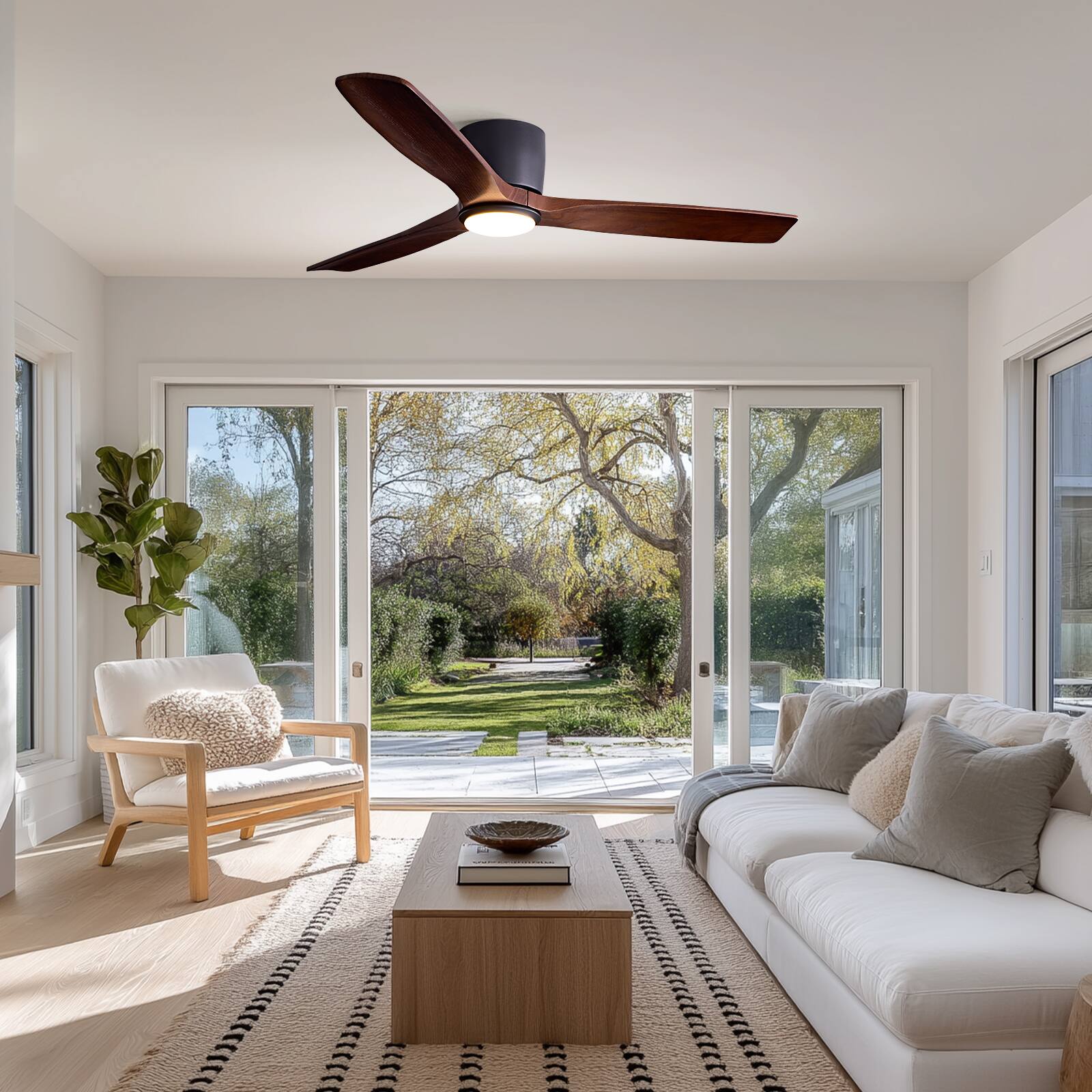 Back. Siljoy - 52 Inch Dark Wood Grain 3-Blade Flush Mount LED Ceiling Fan for Living Room Bedroom and Kitchen - Brown.