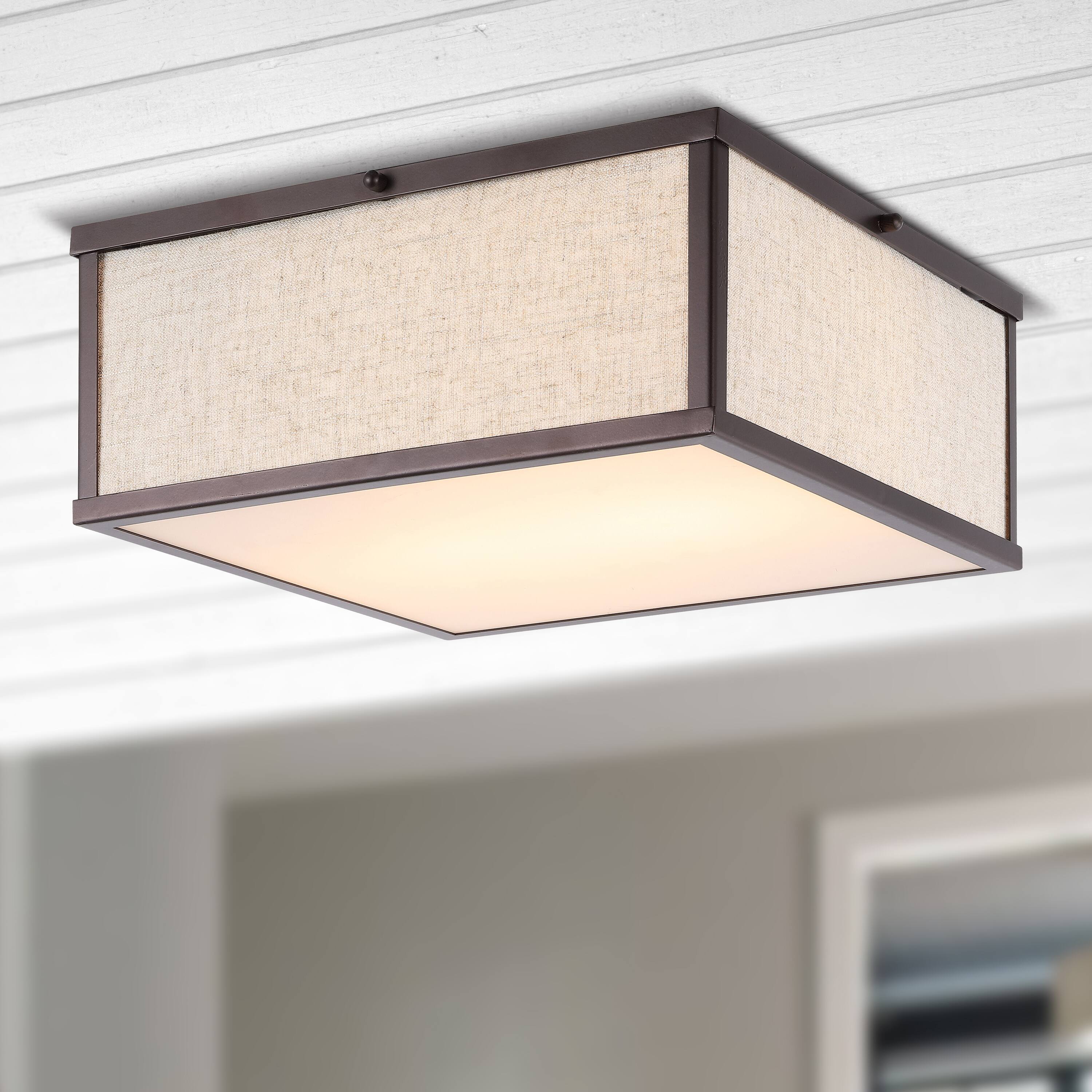 Alt View 1. Jonathan Y - Grant 14.13" 2-Light Minimalist Industrial Square Linen Iron LED Flush Mount, Oil Rubbed Bronze/Beige - Oil Rubbed Bronze.