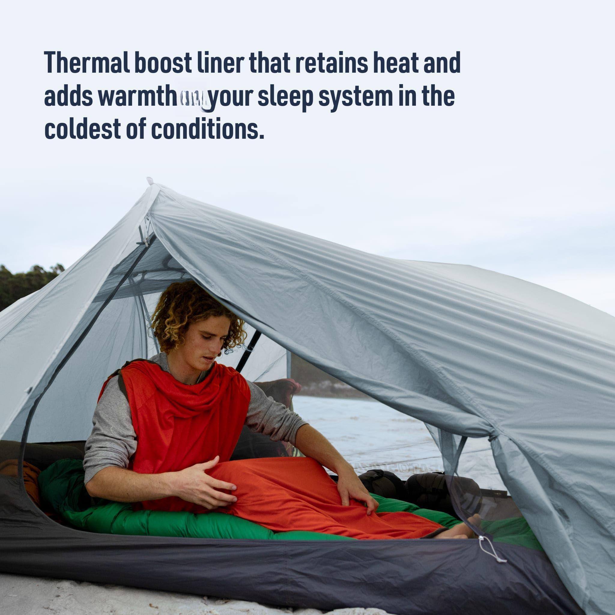 Thermal boost liner that retains heat and adds warmth to your sleep system in the coldest of conditions.