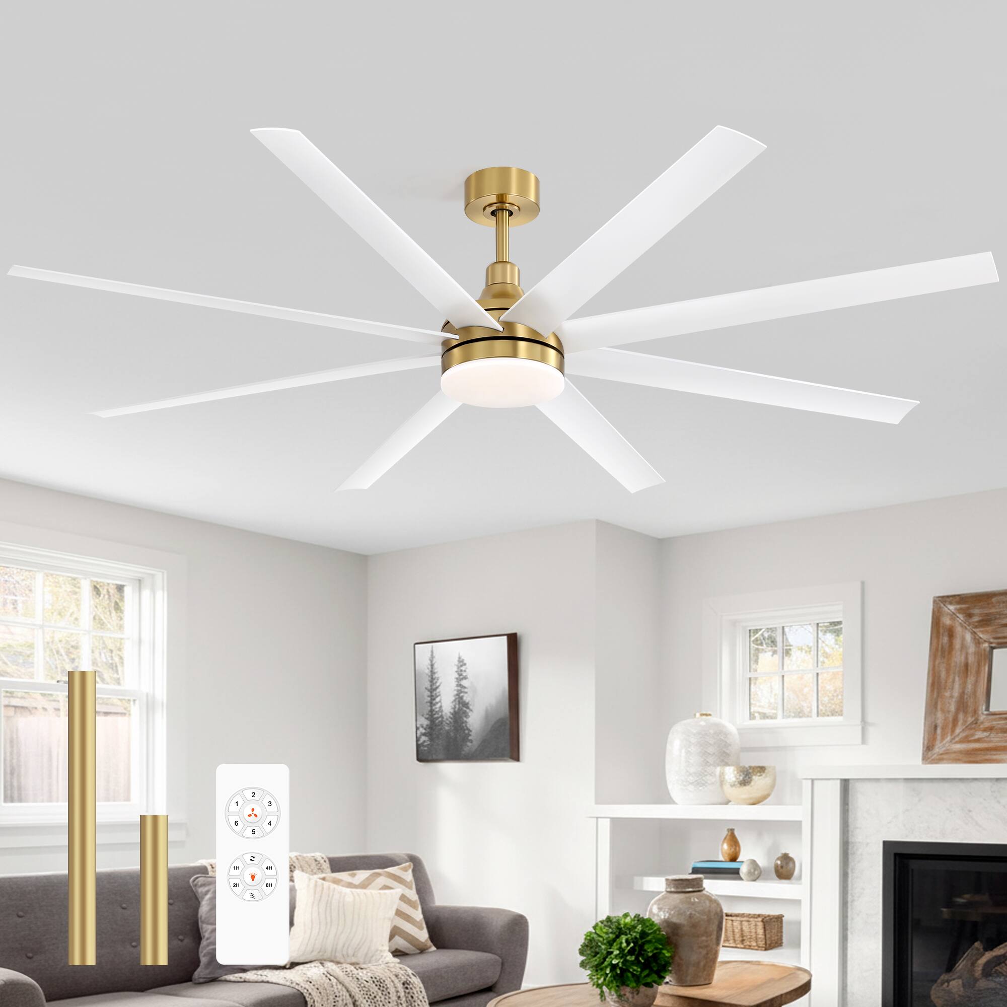 Alt View 2. Breezary - 72-Inch Sleek LED Ceiling Fan with 8 ABS Blades, 3-Color Light, DC Motor, 6-Speed Remote & Timer - 72-inch white and gold.