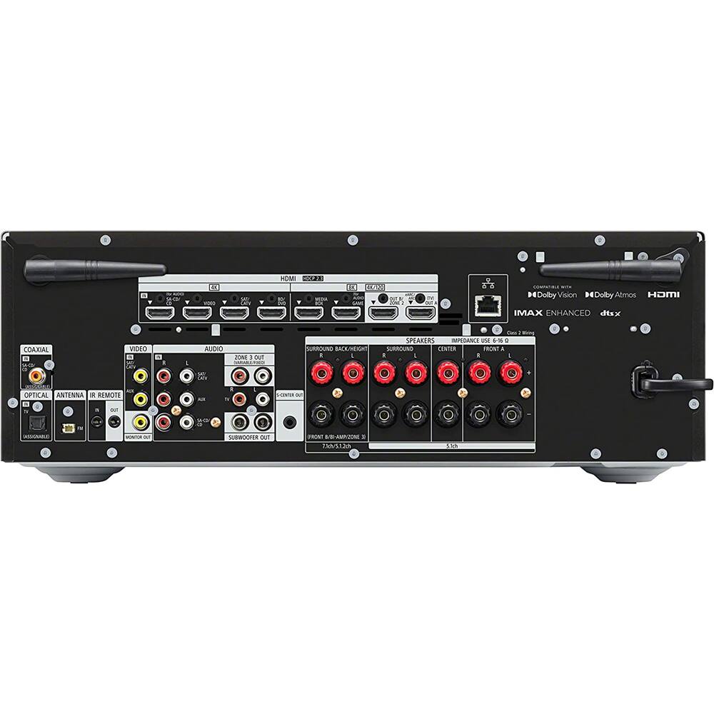 - I CO - L A/ HDM .2 T P  
- F CTNK - I  WNT I  
- 5 CoSPUNR  
- DobyVision Vision H DolbyAtmos HOMI IMAX ENHANCED dtxx COAXIAL VIDEO  
- 14c5 Cay UCER OFTICAL ANTENNA REMOTE  
- U - ASSGNABLE MONITR out D i , AUDIO ZONE a out n  
- SA Cala i 1 Aut 7 S  
- SUBMOOFER Capil SURROUND BACK/HEIGHT a 1 CNTE  
- FRONT B/E-AMNZONE 7/112  
- SPEAKERS IMPEDANCE USE 65 a SUBROUND CENTER FRONT A . I . . F 2