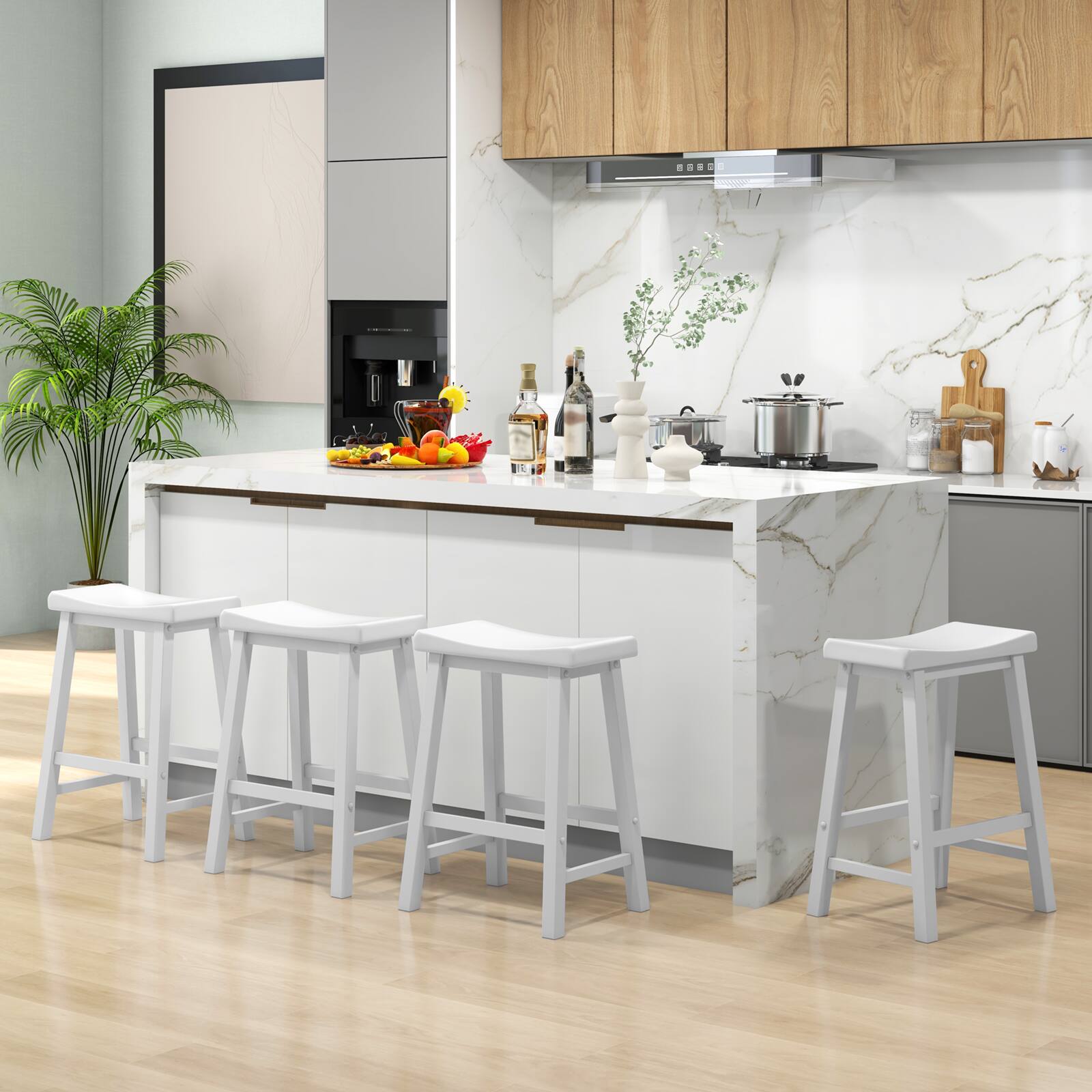 Alt View 3. Gymax - Gymax Set Of 4 Saddle Bar Stools Counter Height Dining Chairs w/ Wooden Legs White - White.