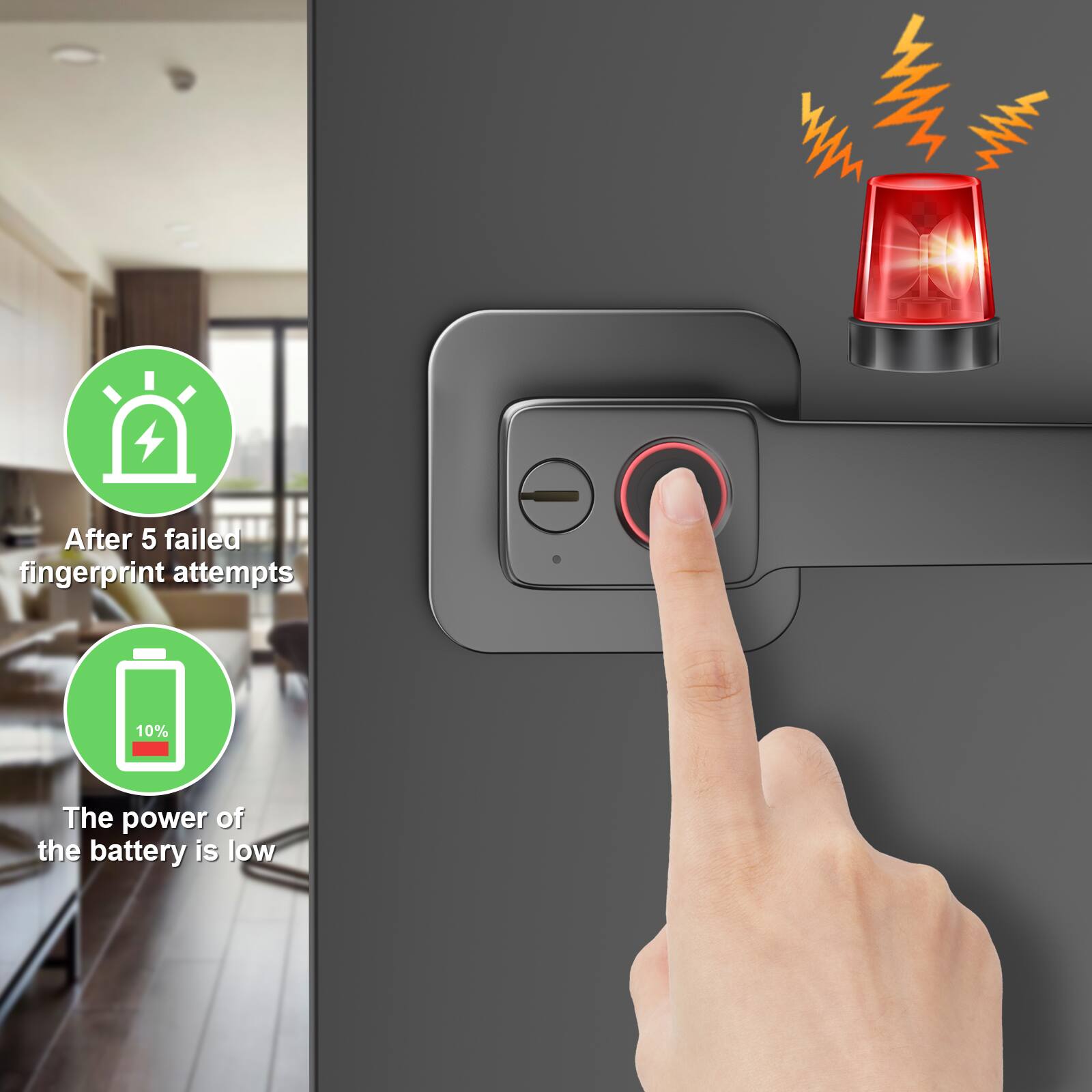 After 5 failed fingerprint attempts
The power of the battery is low