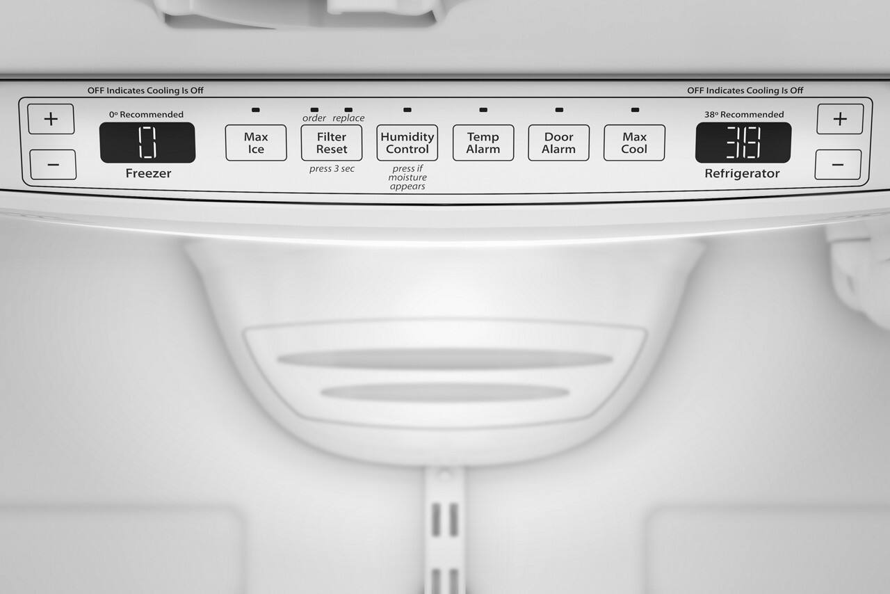 OFF Indicates Cooling Is Off

Freezer
- 0° Recommended
- Max Ice

Refrigerator
- 38° Recommended
- Max Cool

order replace Filter Reset
- press 3 sec

Humidity Control
- press if moisture appears

Temp Alarm

Door Alarm