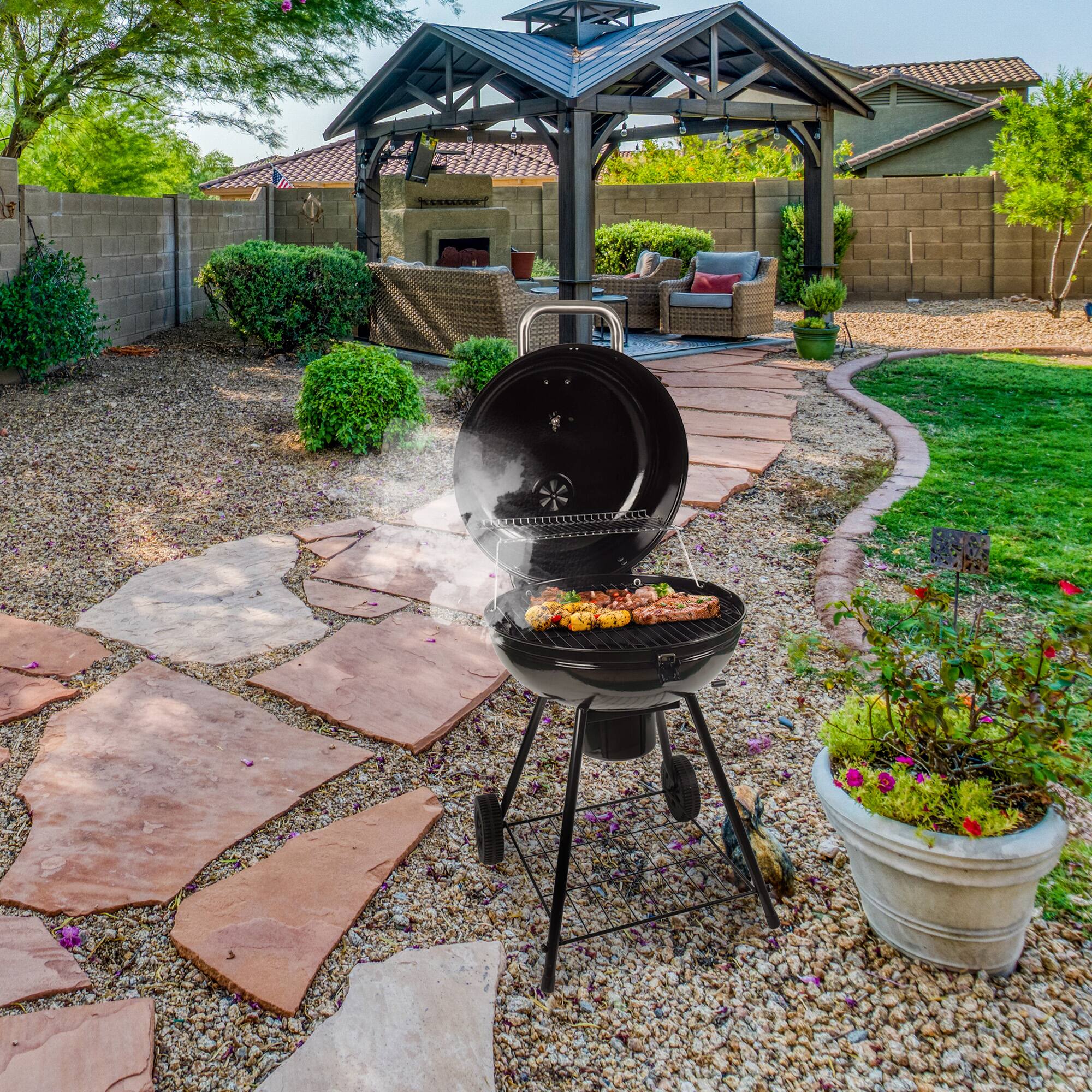 Alt View 3. Grill Boss - Grill Boss 22" Kettle Charcoal Grill, Porcelain Lid, Large Cooking Area, Black - Black.