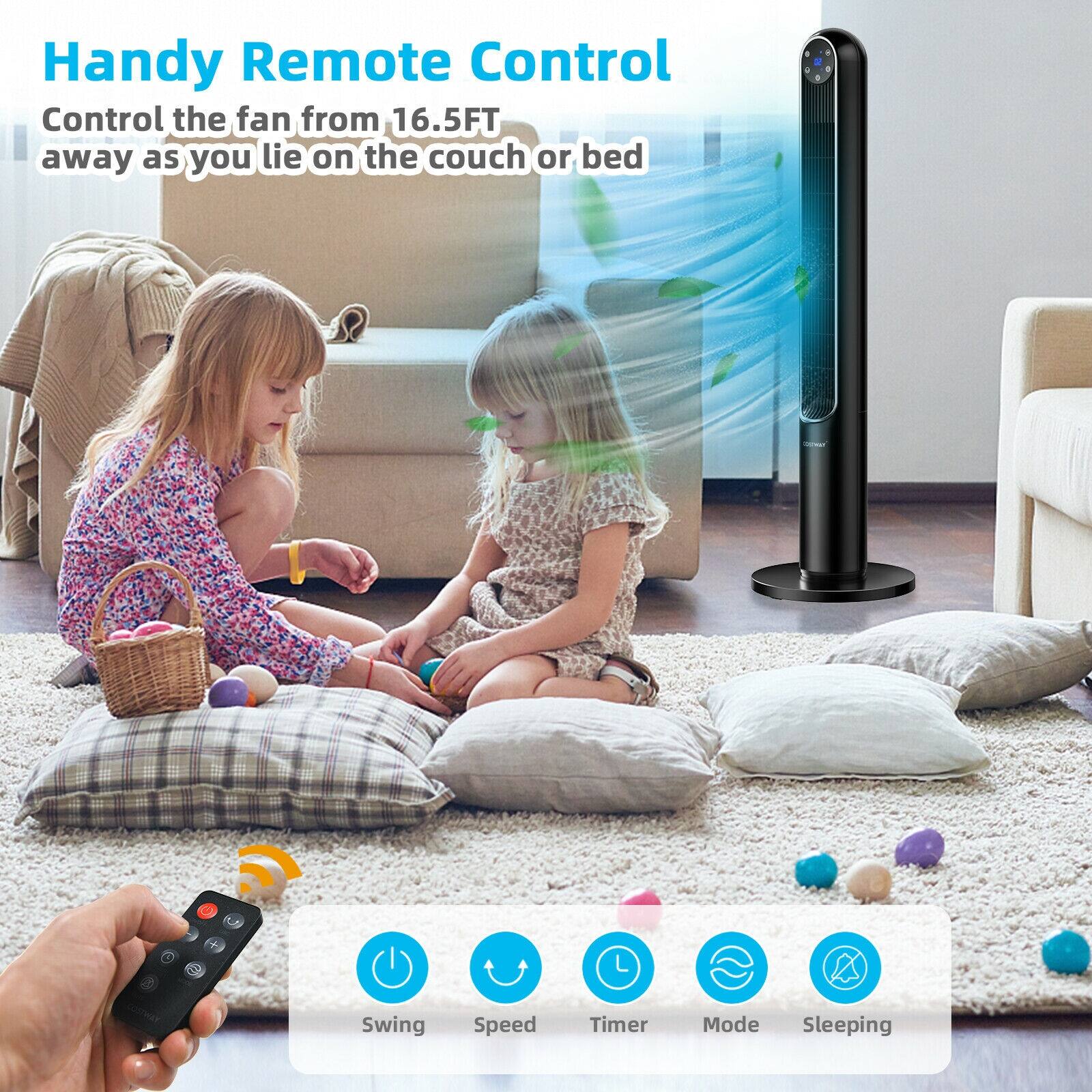 Handy Remote Control, Control the fan from 16.5FT away as you lie on the couch or bed, Swing, Speed, Timer, Mode, Sleeping