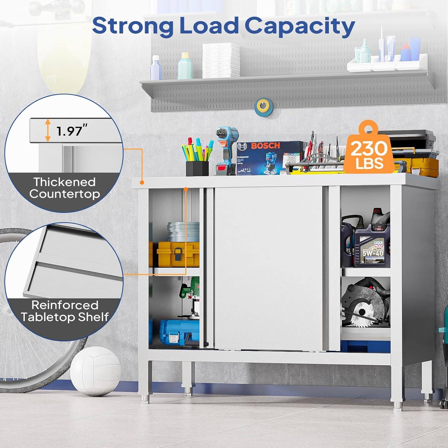 Strong Load Capacity  
1.97" Thickened Countertop  
BOSCH 230 LBS  
Reinforced Tabletop Shelf