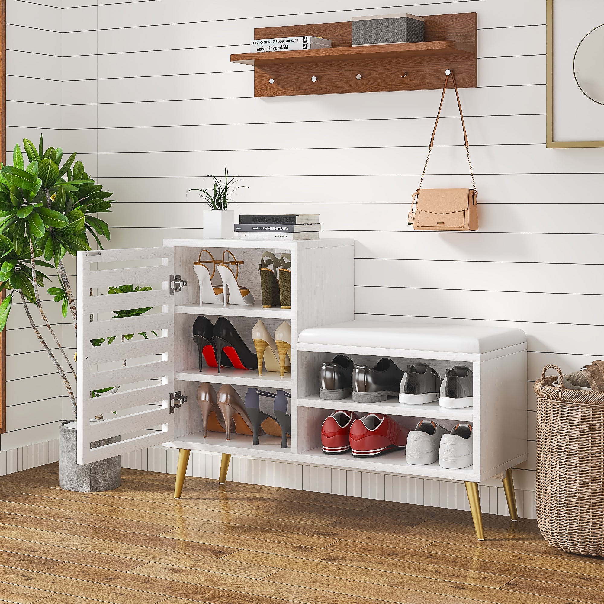 Vecelo - Shoe Storage Bench,Entryway Bench With Door,Drawer & Soft Removable Seat Cushion - White