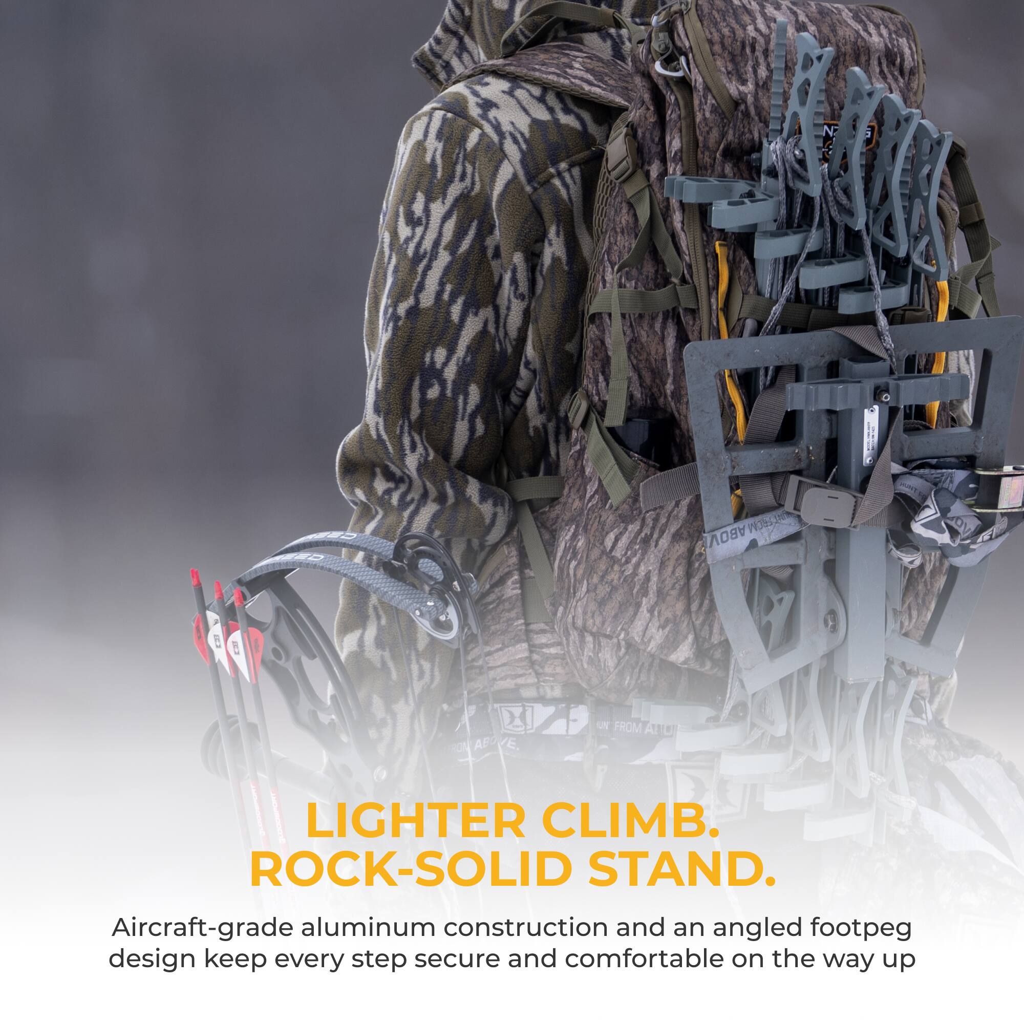 LIGHTER CLIMB.  
ROCK-SOLID STAND.  

Aircraft-grade aluminum construction and an angled footpeg design keep every step secure and comfortable on the way up