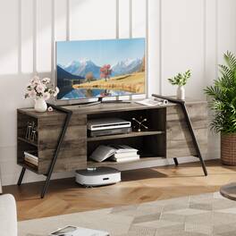 Qeetex - 55" Industrial TV Stand for 55–60" TVs, Media Console with Slanted Metal Legs & Adjustable Open Shelves - Gray