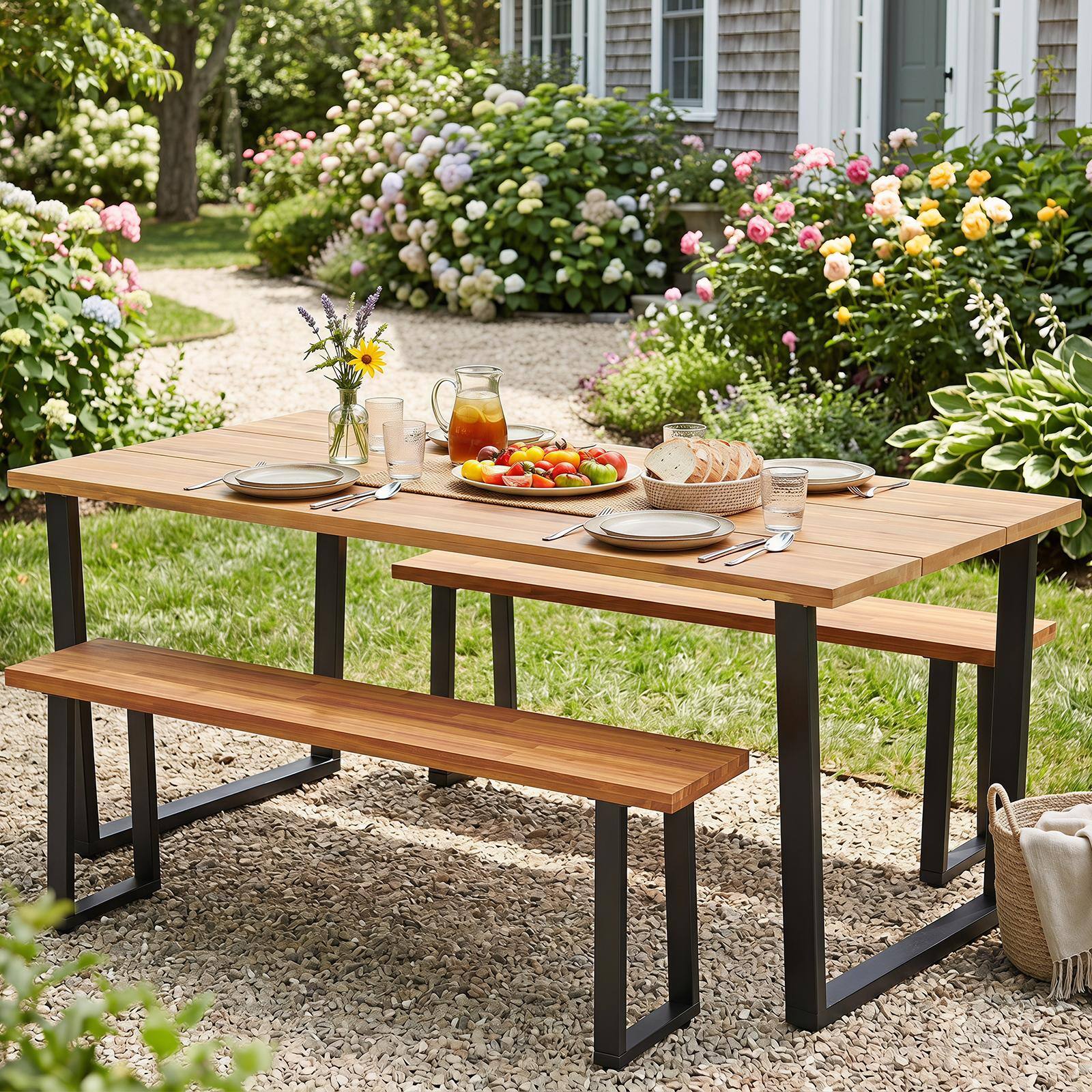 Alt View 3. Costway - Costway Wood Patio Bench Set of 1 , 47.5" Long Dining Bench, Farmhouse Garden Seat with Metal Legs - Natural.