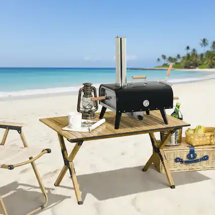 Front. Forest'nSky - Pizza Oven, Outdoor Wood-Fired with 12" Rotating Stone, Includes Peel & Waterproof Cover, Black - Black.