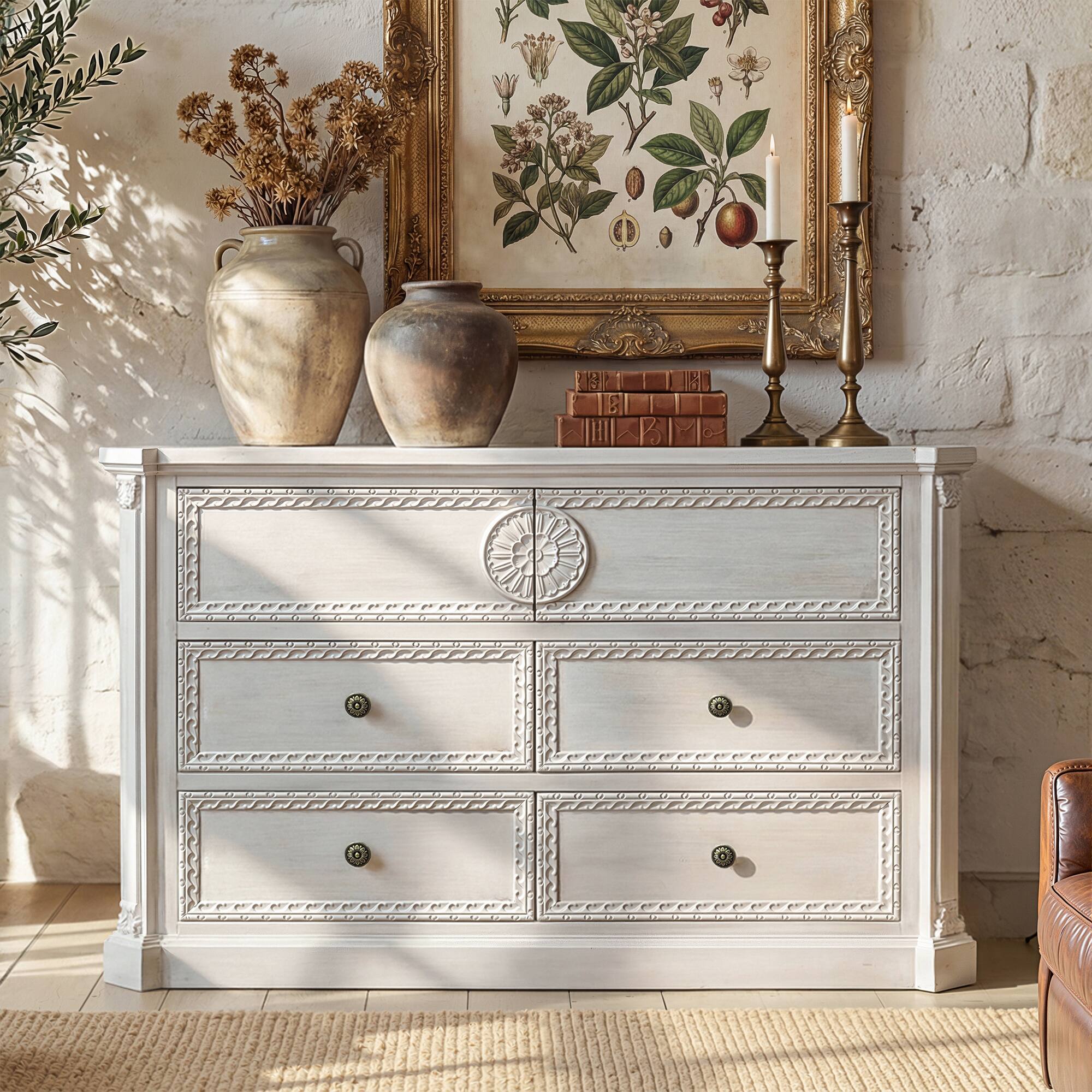 Front. Homsee - Fully Assembled Solid Wood 5 Drawer Dresser, Classic Vintage Chest of Drawers for Bedroom or Living Room - White.