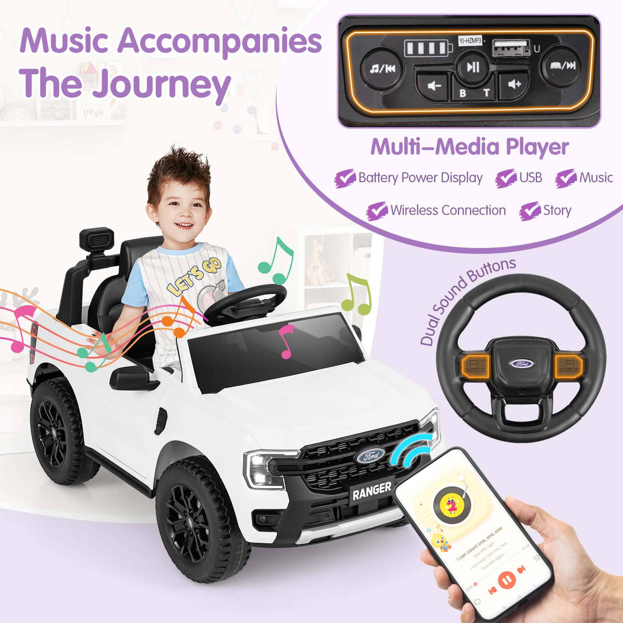 Music Accompanies The Journey

Multi-Media Player
- Battery Power Display
- USB
- Music
- Wireless Connection
- Story

Dual Sound Buttons

Ford RANGER
