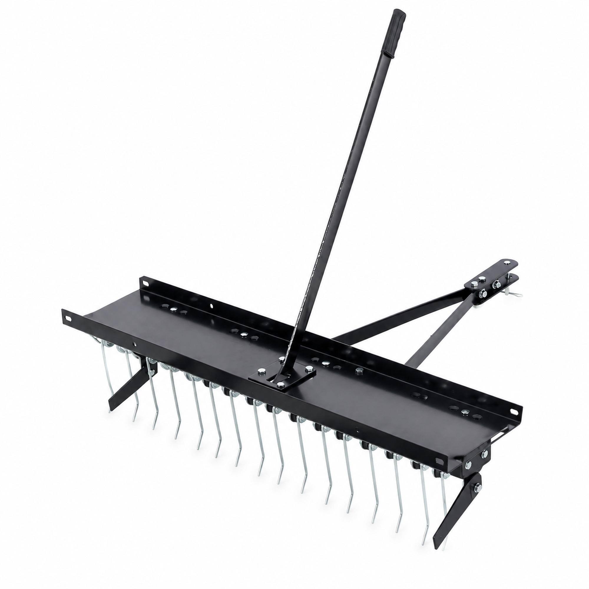 Front. RYHNUYNE - 40-Inch Tow Behind Dethatcher, Lawn Sweeper Attachment, 20 Heat-Treated Tines, 7-Inch Flat Free Wheels, 70 lbs Weight - Black.