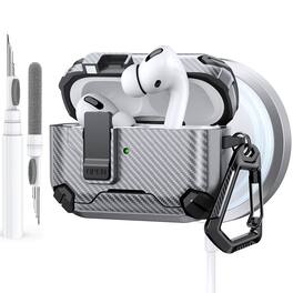 Dteck - Case for Airpods Pro 2nd Gen (2022) with Magnetic Lock,Compatible with Mag Safe,Carbon Fiber Texture Cover + Carabiner - Gray