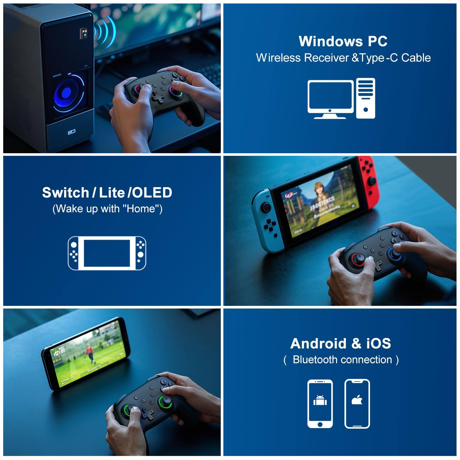 Windows PC Wireless Receiver & Type-C Cable  
Switch / Lite / OLED (Wake up with "Home")  
Android & iOS (Bluetooth connection)