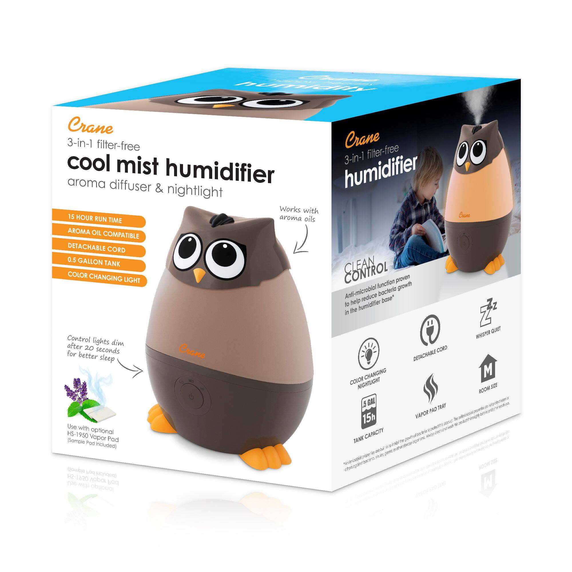 Top. CRANE - Mini Owl 0.5 Gallon Cool Mist Humidifier - Brown.