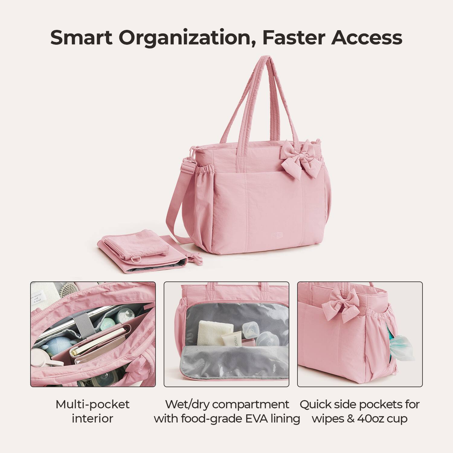 Smart Organization, Faster Access

Multi-pocket interior

Wet/dry compartment with food-grade EVA lining

Quick side pockets for wipes & 40oz cup