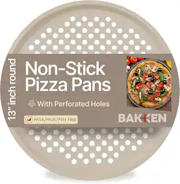 Bakken- Swiss - Bakken Round Pizza Pan – Perforated Carbon Steel, Non-Stick Marble Coating, Silicone Handle, Dishwasher Safe - White