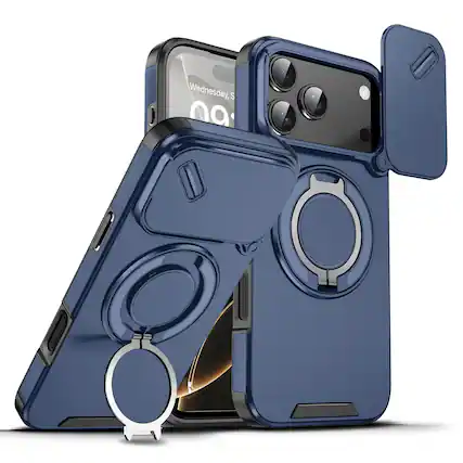 Front. Dteck - Magnetic Ring Stand Case for iPhone 17 Pro Max with Lens Protection Hard Back Cover - Blue.
