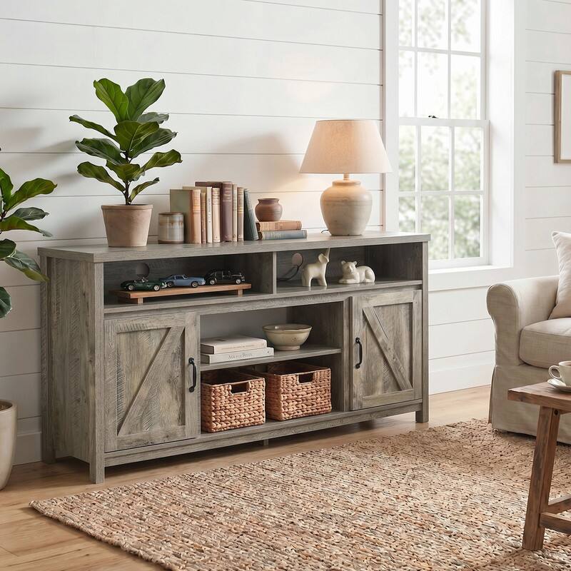 Angle. WELLFOR - Farmhouse TV Stand for TVs up to 65", Entertainment Center Console Table with Barn Door - Natural.