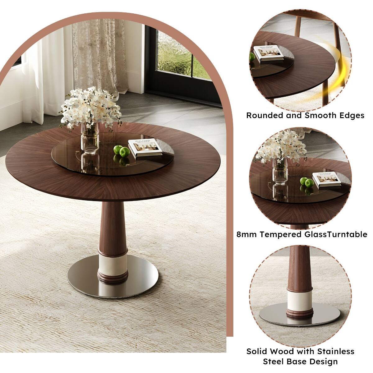 Rounded and Smooth Edges

8mm Tempered Glass Turntable

Solid Wood with Stainless Steel Base Design