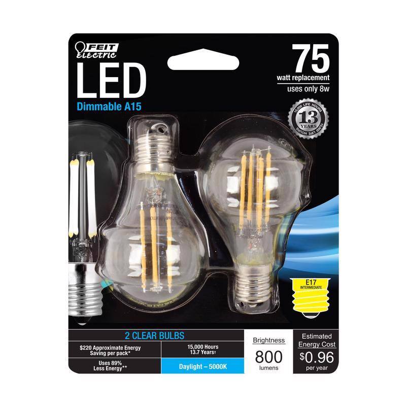 FEIT Electric LED
Dimmable A15
75 watt replacement
uses only 8w
13 YEARS
15,000 HOURS
2 CLEAR BULBS
$220 Approximate Energy Saving per pack*
Uses 89% Less Energy**
Daylight - 5000K
Brightness
800 lumens
Estimated Energy Cost
$0.96 per year
E17 INTERMEDIATE
15,000 Hours
13.7 Years*