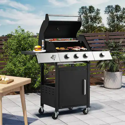 Front. U-HOMY - Propane Grill with Side Burner and Locking Wheels, 395 sq in Cooking Surface, 36,000 BTU - 3+1 Burner.