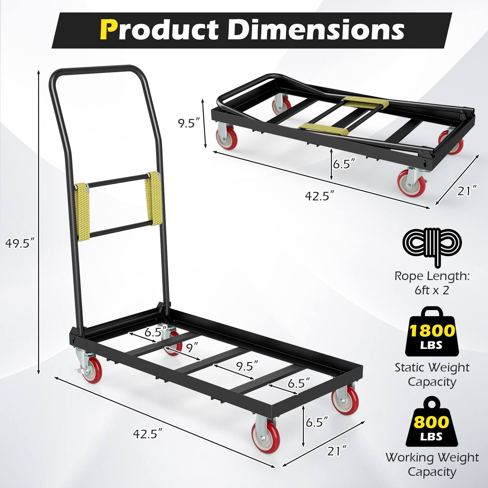 Product Dimensions  
9.5"  
6.5"  
42.5"  
21"  
49.5"  
Rope Length: 6ft x 2  
1800 LBS Static Weight Capacity  
800 LBS Working Weight Capacity