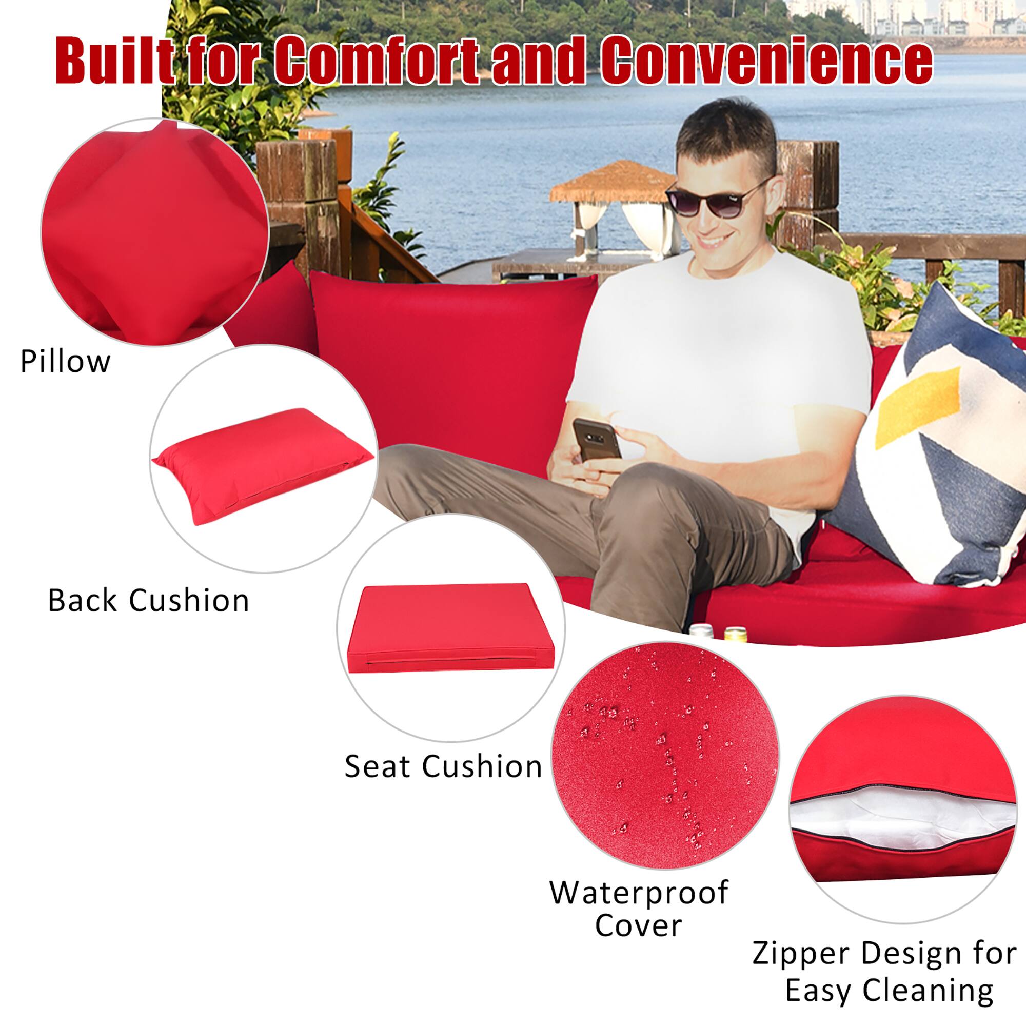 Built for Comfort and Convenience: Pillow Back Cushion, Seat Cushion, Waterproof Cover, Zipper Design for Easy Cleaning.