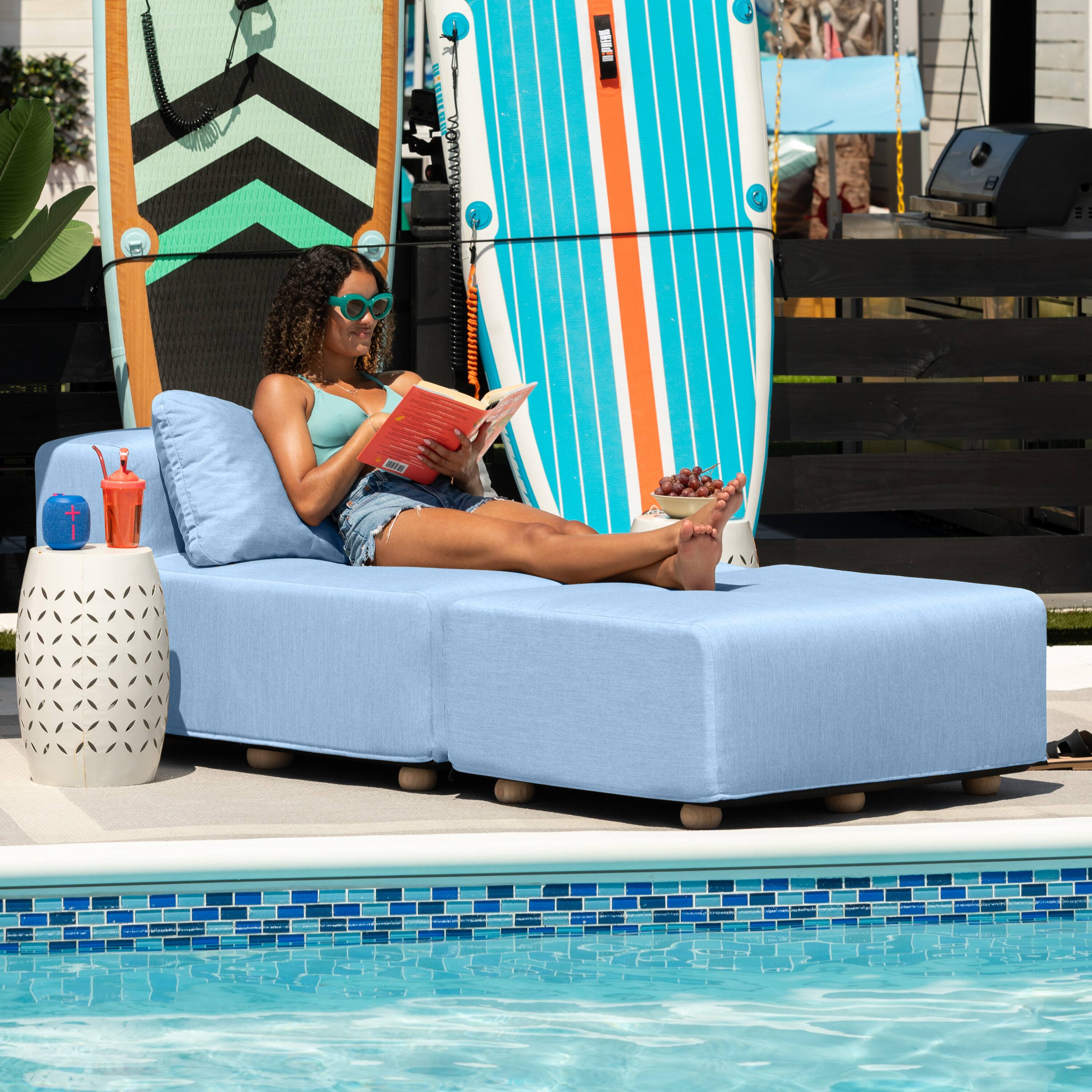 Left. Jaxx - Jaxx Vada Outdoor Sun Lounger Luxury Modular Chaise & Ottoman w/ Sunbrella & Waterproof Cover, Sunbrella Ocean Blue - Ocean Blue.