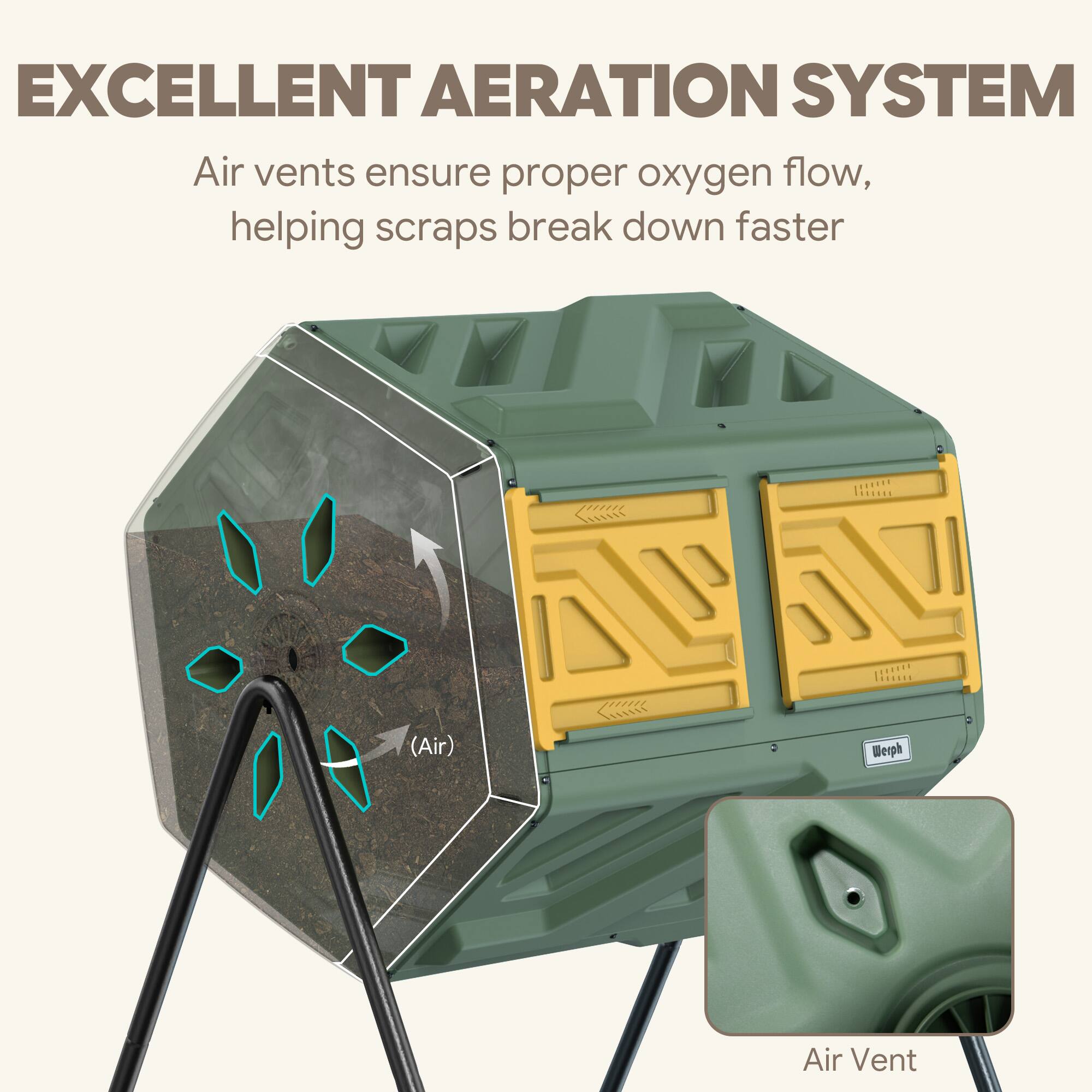 EXCELLENT AERATION SYSTEM

Air vents ensure proper oxygen flow, helping scraps break down faster

(Air)

Werph Air Vent