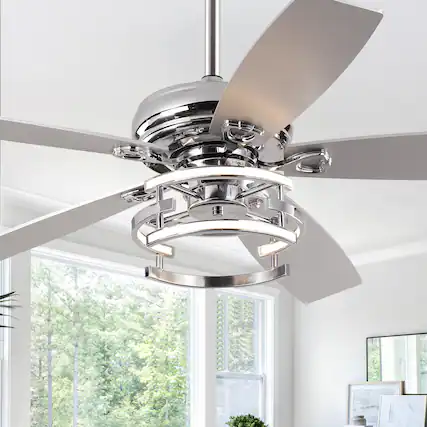 Front. Parrot Uncle - 52" Modern Downrod Mount Dimmable LED Ceiling Fan with Remote and Reversible Blades - Chrome.