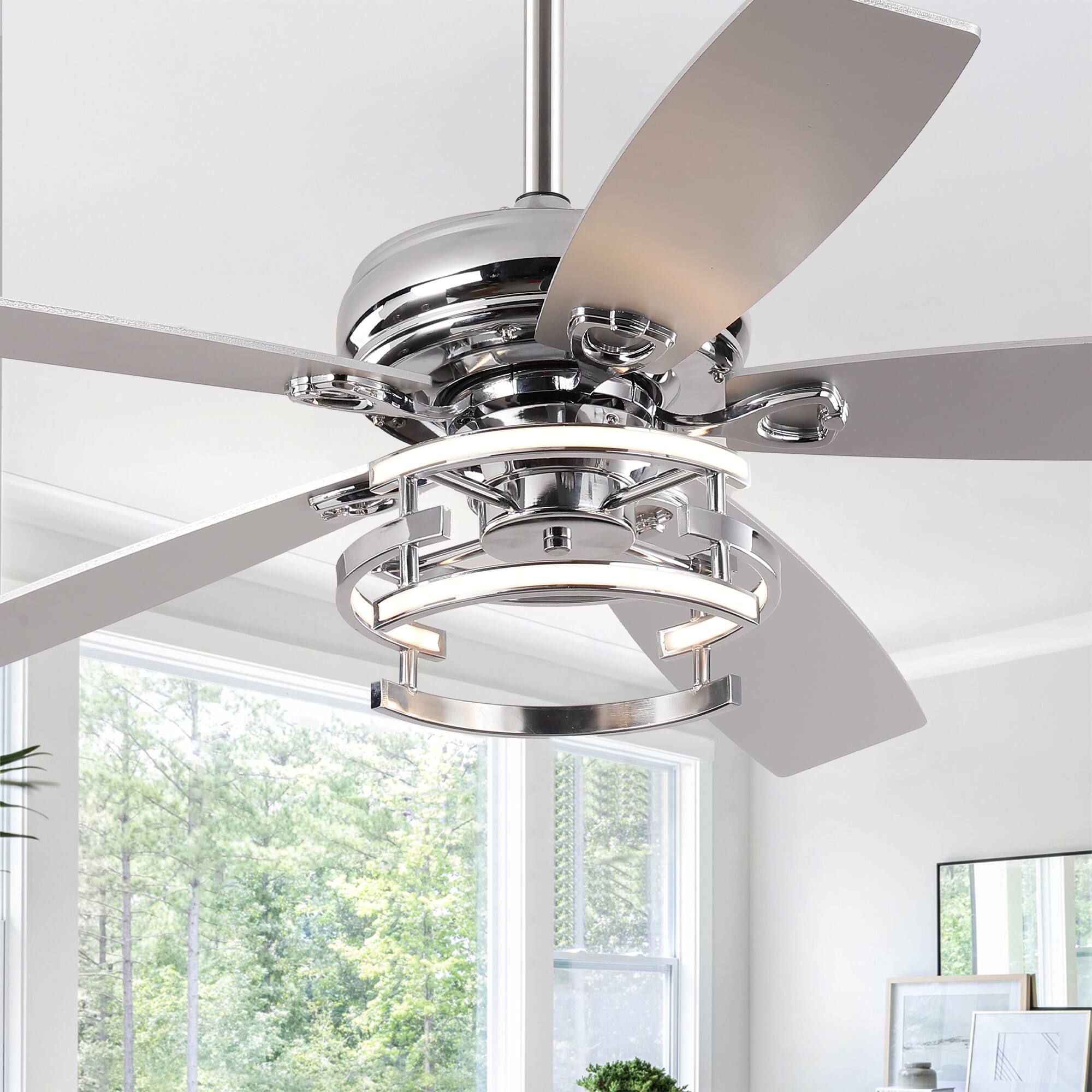 Parrot Uncle - 52" Modern Downrod Mount Dimmable LED Ceiling Fan with Remote and Reversible Blades - Chrome