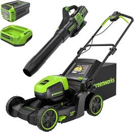 Greenworks - 60V 17" Brushless (Push) Mower + 60V (610 CFM) Brushless Blower, 4.0Ah Battery and 3A Charger - Green