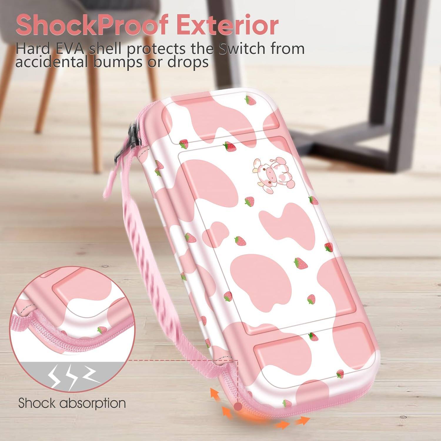 ShockProof Exterior Hard EVA shell protects the Switch from accidental bumps or drops  
Shock absorption