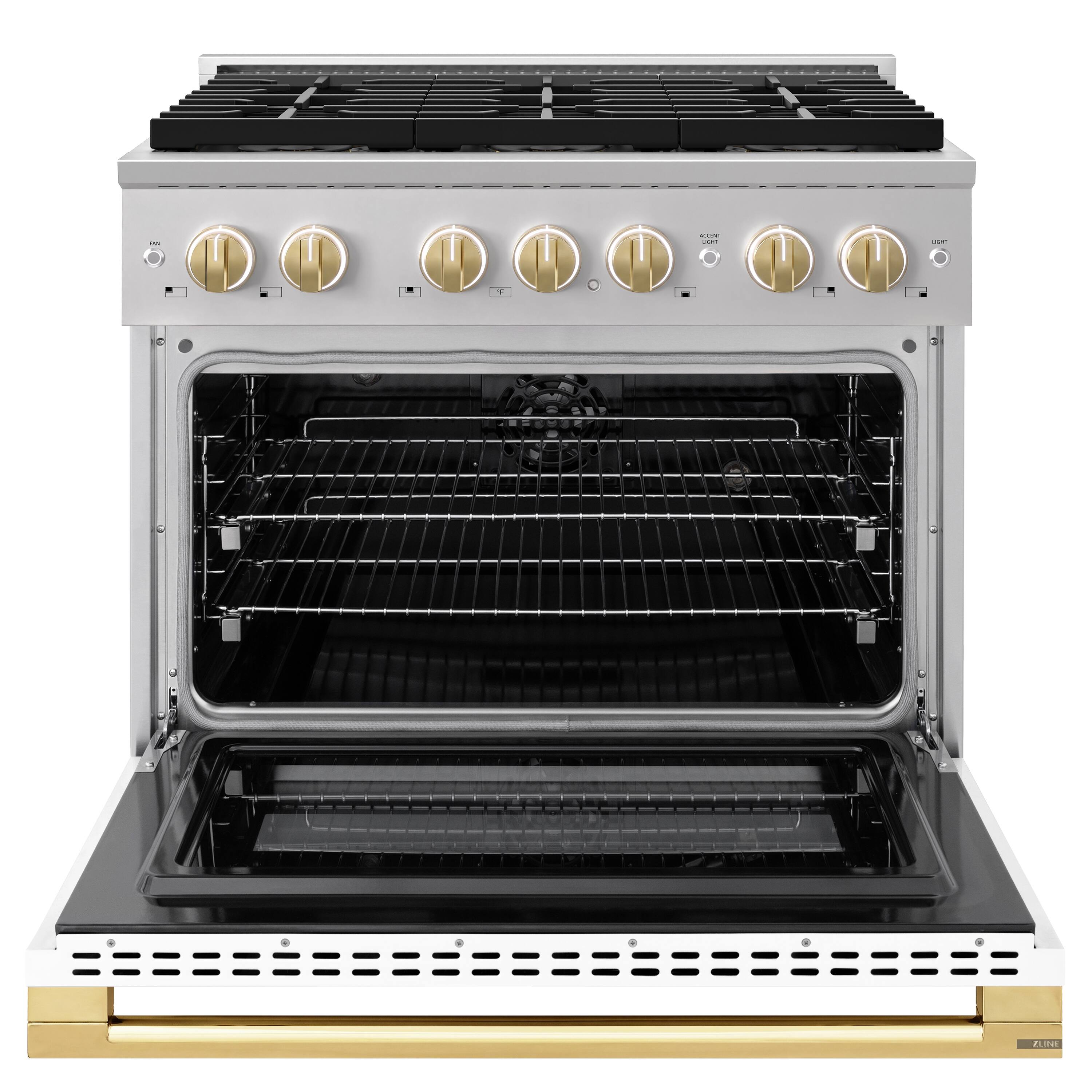 Angle. ZLINE - Autograph 36 in. 5.2 cu. ft. Marino Freestanding Dual Fuel Range w/ 6 DuoPro Burners & White Door w/ Gold Accents - White Matte.