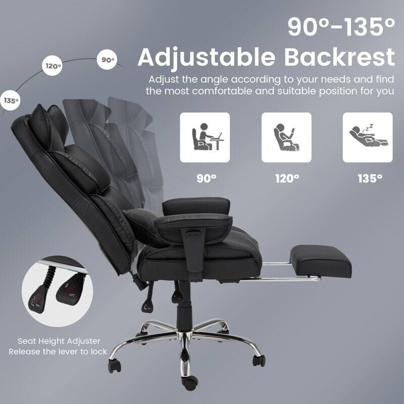 90°–135° Adjustable Backrest  
Adjust the angle according to your needs and find the most comfortable and suitable position for you  

90° 120° 135°  

Seat Height Adjuster  
Release the lever to lock