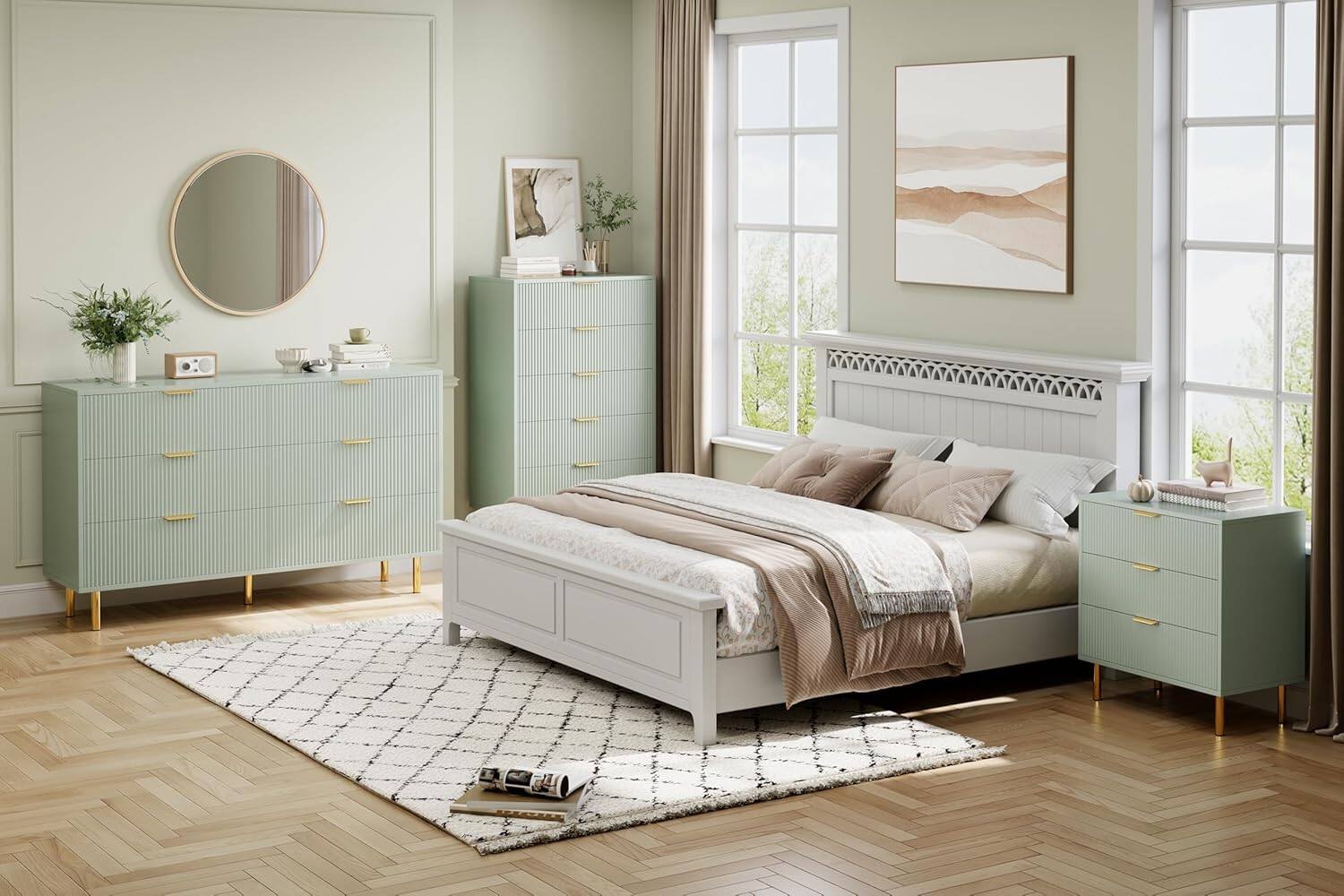 Alt View 7. GARVEE - Modern 5 Drawer Dresser in Natural Wood Double Chest with Gold Accents & Spacious Drawers - Green.