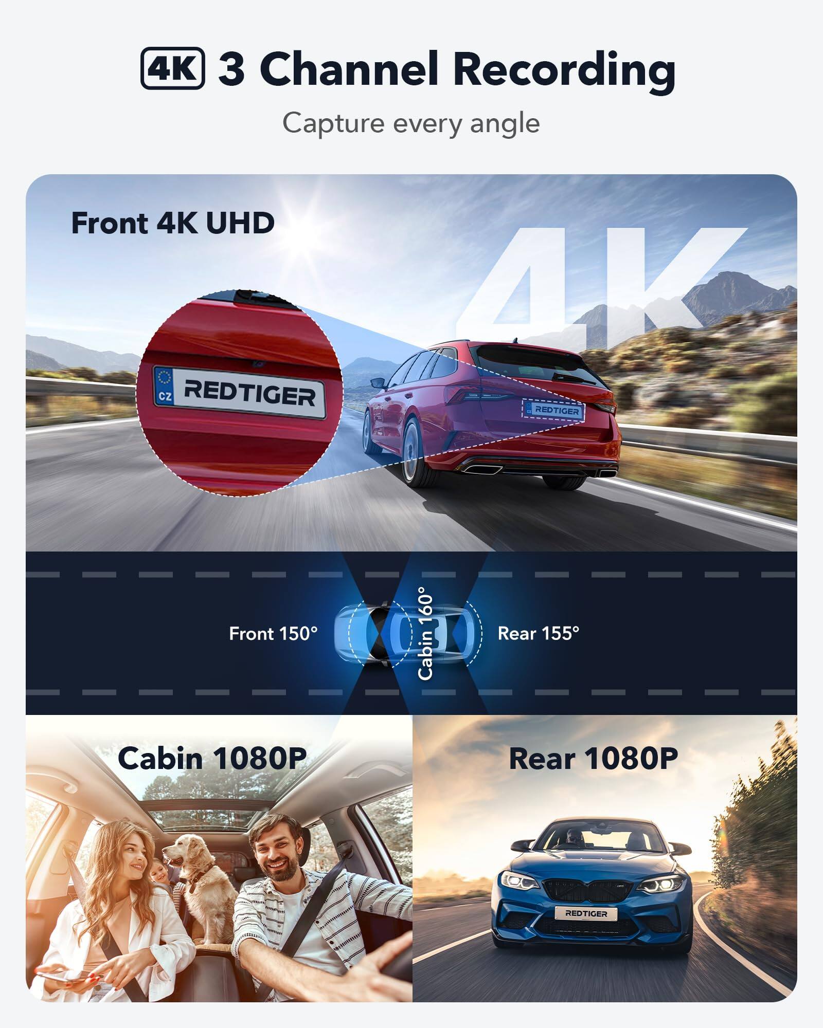 4K 3 Channel Recording Capture every angle
Front 4K UHD
Front 150°
Cabin 1080P
Rear 155°
Rear 1080P