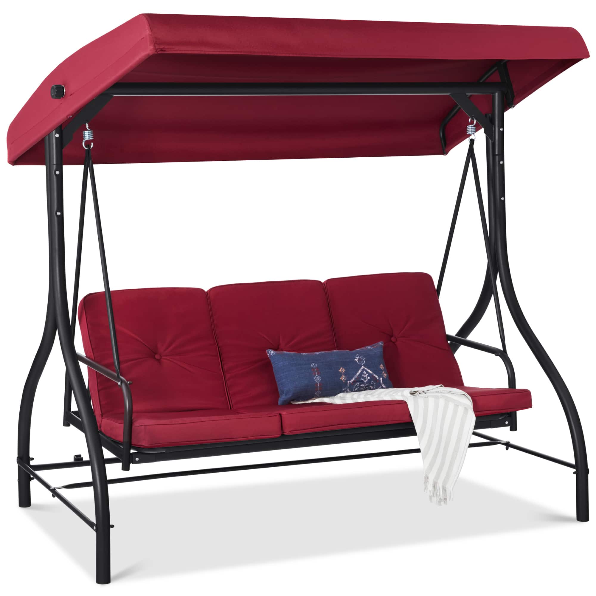 Front. Best Choice Products - Best Choice Products 3-Seat Outdoor Converting Canopy Swing Glider Patio Hammock w/ Removable Cushions - Burgundy - Burgundy.