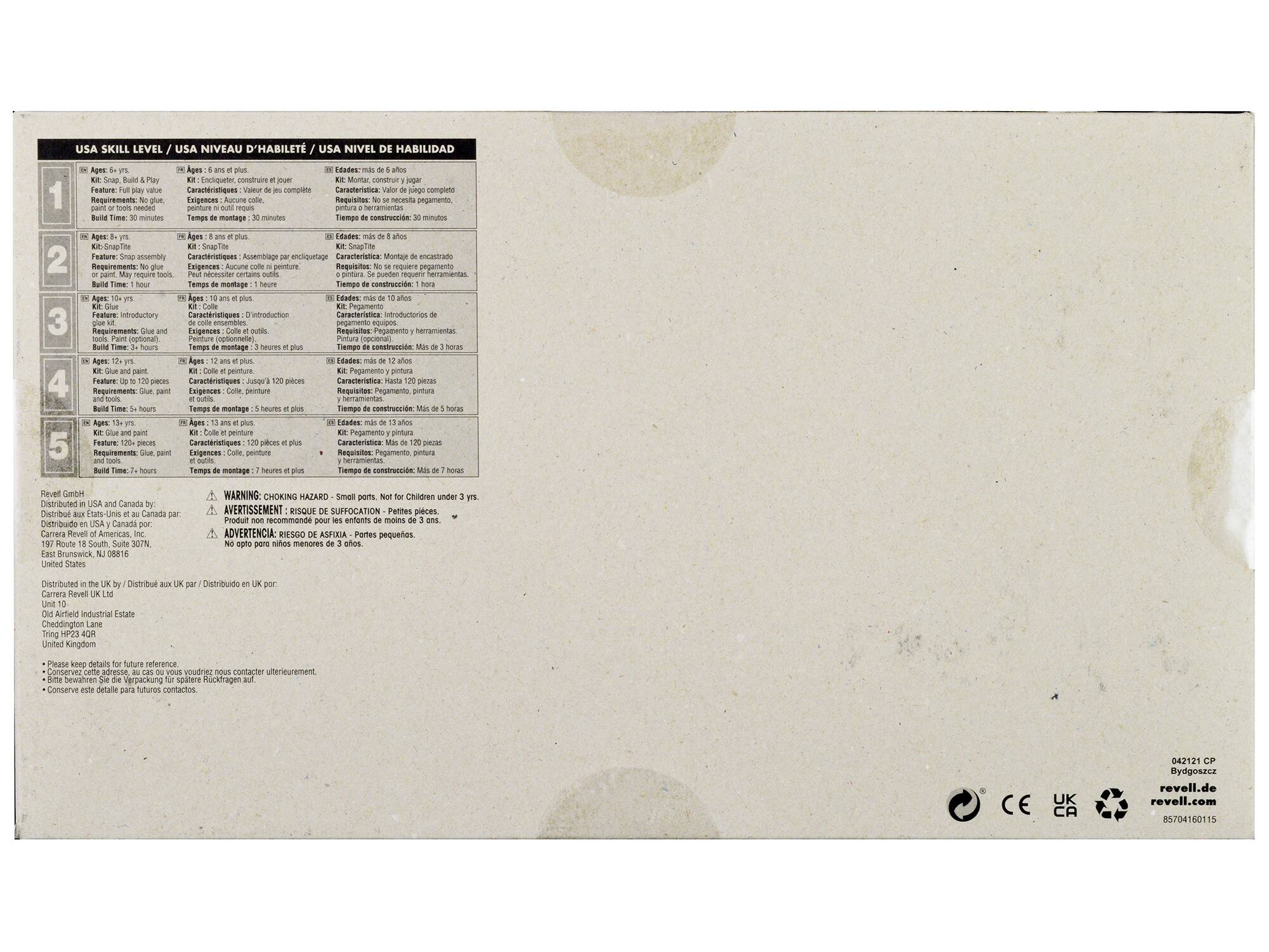 USA SKILL LEVEL / USA NIVEAU D'HABILITÉ / USA NIVEL DE HABILIDAD

1. Ages 6 - yrs. / Edades: 6 años y más / Edades: 6 ans et plus
   Feature: Full play value / Características: Valor de juego completo / Características: Valor de juego completo
   Requirements: No glue / Exigencias: Acuarela, colores / Requisitos: Pegamento, pintura
   Build Time: 30 minutes / Temps de montage: 30 minutes / Tiempo de construcción: 30 minutos
   Kit: Snap-Tite / Kit: Snap-Tite / Kit: Snap-Tite
   Feature: Snap-Tite assembly / Características: Asamblea Snap-Tite / Características: Asamblea Snap-Tite
   Requirements: No glue / Exigencias: Cola / Requisitos: Pegamento
   Build Time: 30 minutes / Temps de montage: 30 minutes / Tiempo de construcción: 30 minutos
   Kit: Snap-Tite / Kit: Snap-Tite / Kit: Snap-Tite
   Feature: Snap