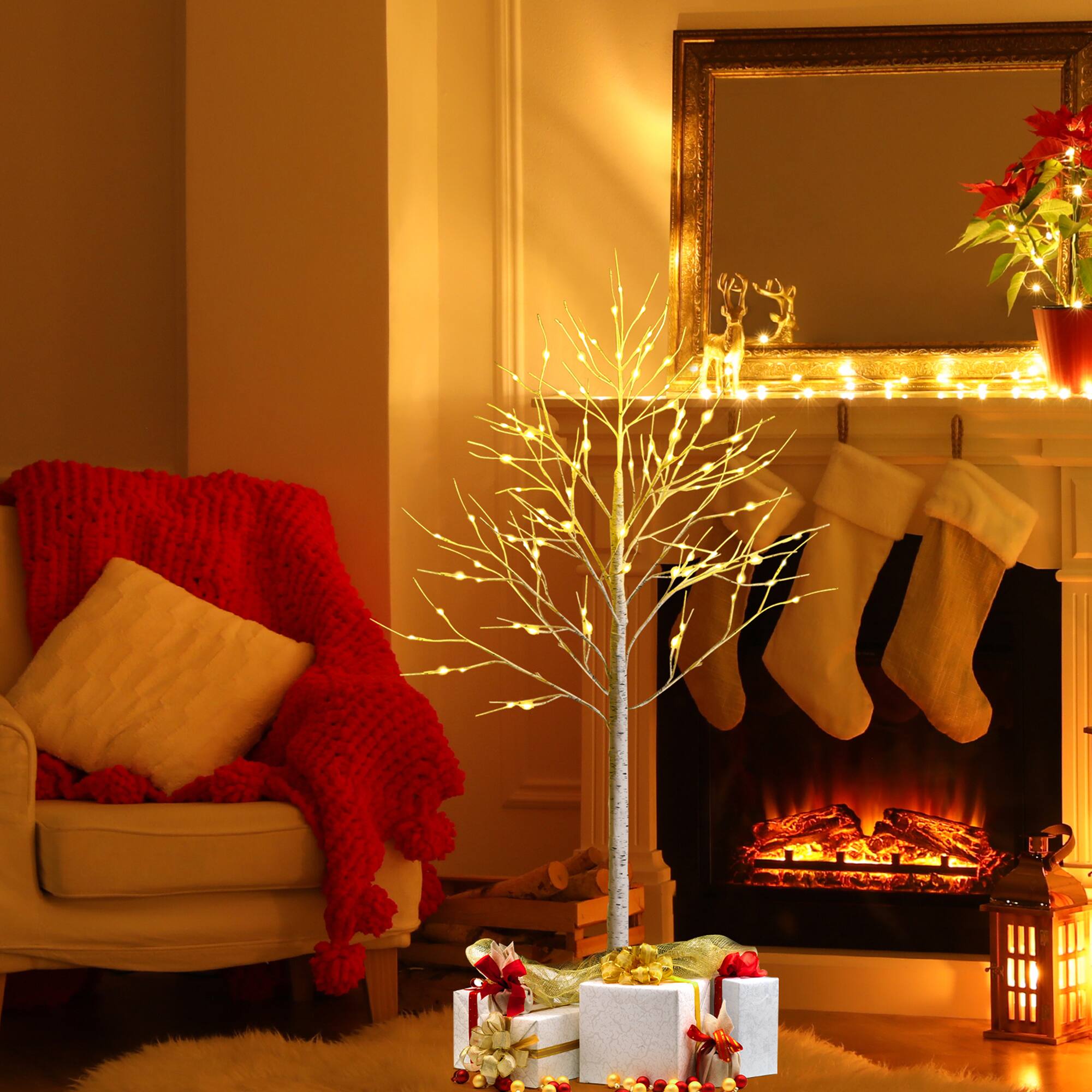 Alt View 3. Gymax - Gymax 4 FT Pre-lit White Birch Tree Artificial Twig Birch Tree Christmas Decor - White.