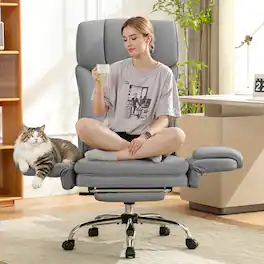 KERDOM - Ergonomic Big Office Leather Chair with Expandable Arms, Reclining Cross Legged Chair with Footrest Wide Seat for Gaming - Gray